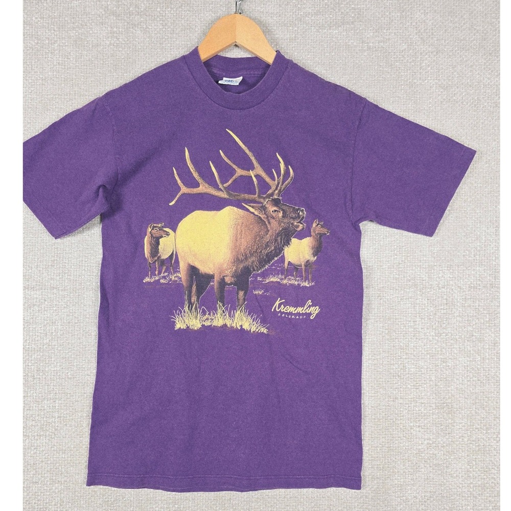 Vintage Cal Cru Mens Kremmling Colorado Elk Graphic T-Shirt Purple Size M USA